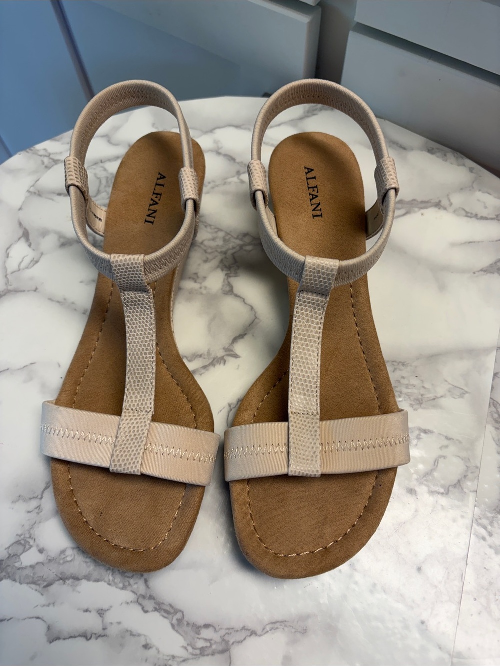 Alfani Neutral Beige T-Strap Sandals with Ankle Strap